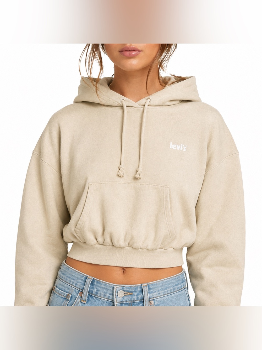 Levi’s Cream Cropped Hoodie Sweatshirt Logo Pullover Kangaroo Pocket M